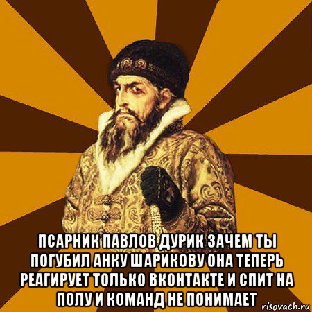  псарник павлов дурик зачем ты погубил анку шарикову она теперь реагирует только вконтакте и спит на полу и команд не понимает, Мем Не царское это дело