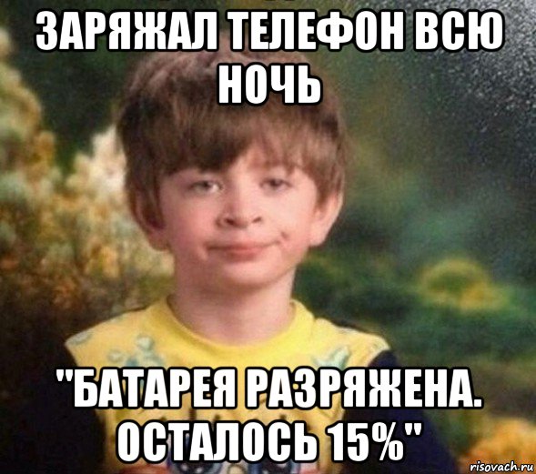 заряжал телефон всю ночь "батарея разряжена. осталось 15%", Мем Недовольный пацан