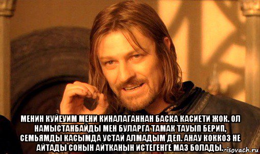  менин куйеуим мени киналаганнан баска касиети жок. ол намыстанбайды мен буларга тамак тауып берип, семьямды касымда устай алмадым деп. анау коккоз не айтады сонын айтканын истегенге маз болады., Мем Нельзя просто так взять и (Боромир мем)