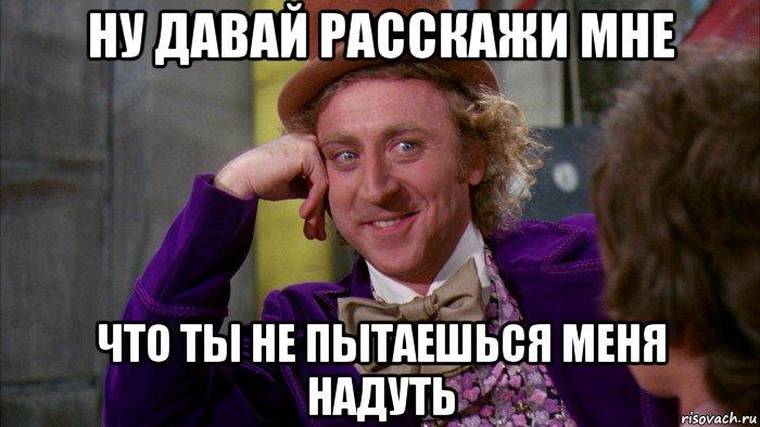 ну давай расскажи мне что ты не пытаешься меня надуть, Мем Ну давай расскажи (Вилли Вонка)