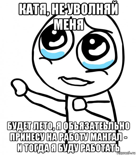 катя, не уволняй меня будет лето, я обьязатеьльно принесу на работу мангал - и тогда я буду работать, Мем  please  с вытянутой рукой