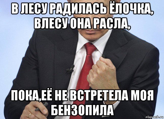 в лесу радилась ёлочка, влесу она расла, пока,её не встретела моя бензопила, Мем Путин показывает кулак