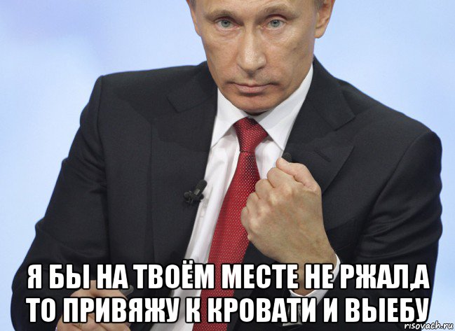  я бы на твоём месте не ржал,а то привяжу к кровати и выебу, Мем Путин показывает кулак