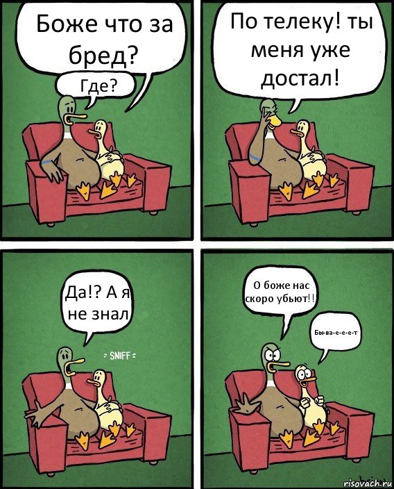 Боже что за бред? Где? По телеку! ты меня уже достал! Да!? А я не знал О боже нас скоро убьют!!! Бы-ва-е-е-е-т, Комикс  Разговор уток