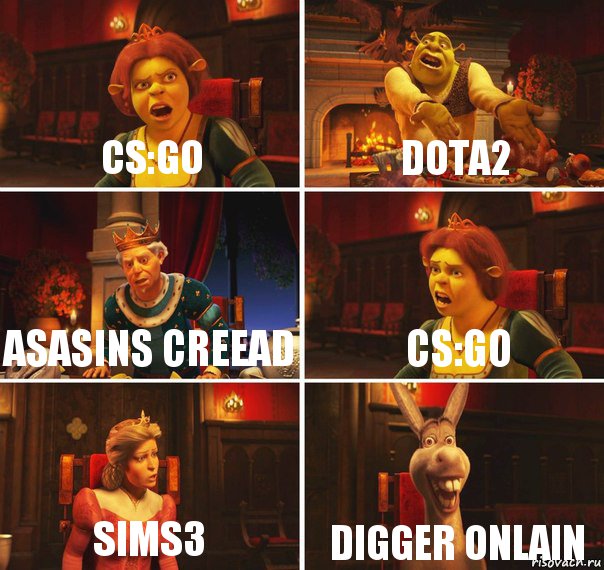 cs:go Dota2 Asasins creead cs:go Sims3 Digger Onlain, Комикс  Шрек Фиона Гарольд Осел