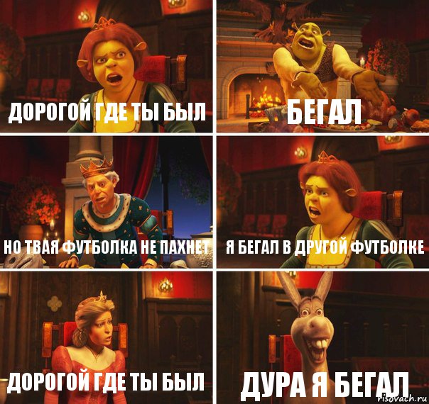 дорогой где ты был бегал но твая футболка не пахнет я бегал в другой футболке дорогой где ты был ДУРА Я БЕГАЛ, Комикс  Шрек Фиона Гарольд Осел