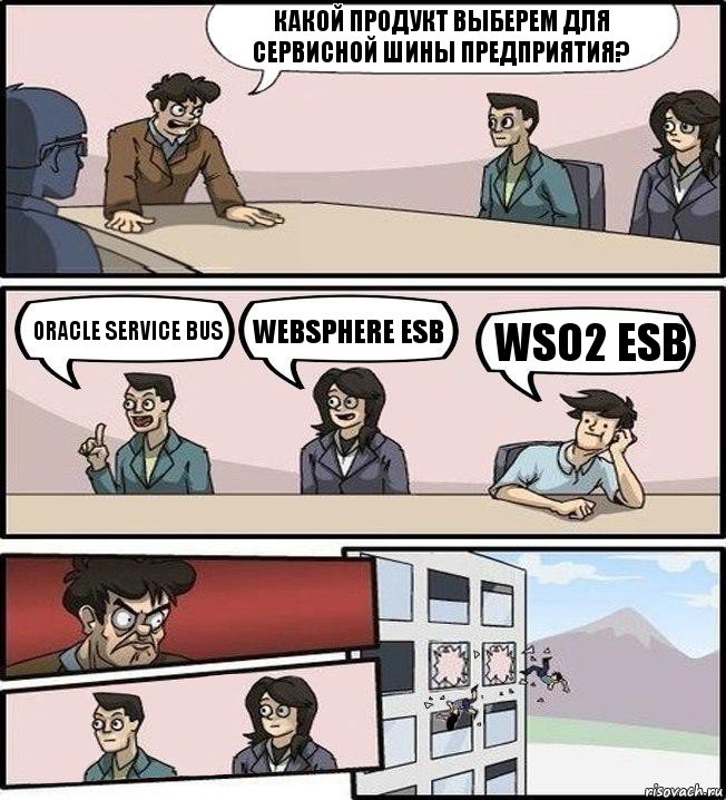 Какой продукт выберем для сервисной шины предприятия? Oracle Service Bus WebSphere ESB wso2 esb, Комикс Совещание (выкинули из окна)