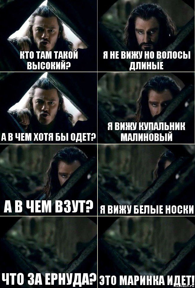 Кто там такой высокий? Я не вижу но волосы длиные А в чем хотя бы одет? Я вижу купальник малиновый А в чем взут? Я вижу белые носки Что за ернуда? Это Маринка идет!, Комикс  Стой но ты же обещал