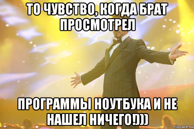 то чувство, когда брат просмотрел программы ноутбука и не нашел ничего!))), Мем Тони Старк (Роберт Дауни младший)