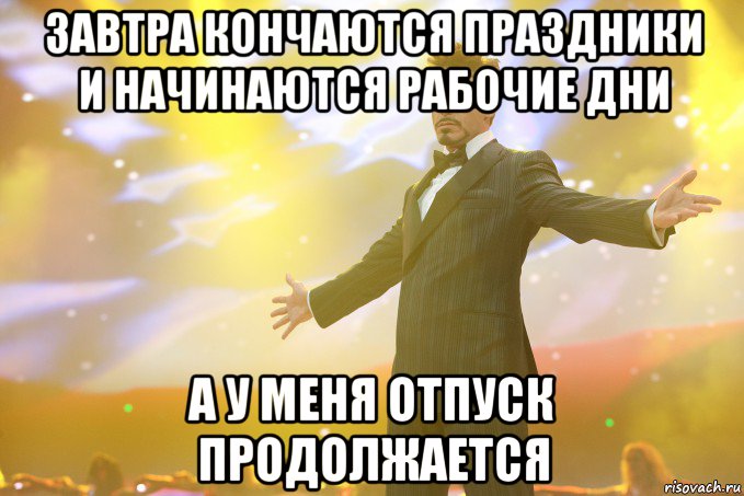 завтра кончаются праздники и начинаются рабочие дни а у меня отпуск продолжается, Мем Тони Старк (Роберт Дауни младший)