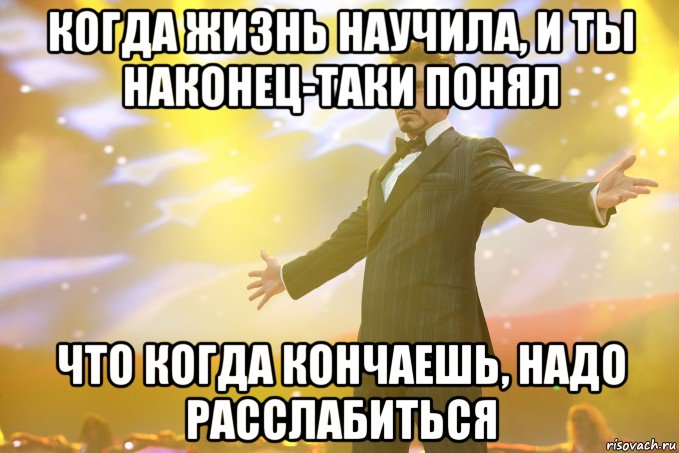 когда жизнь научила, и ты наконец-таки понял что когда кончаешь, надо расслабиться, Мем Тони Старк (Роберт Дауни младший)