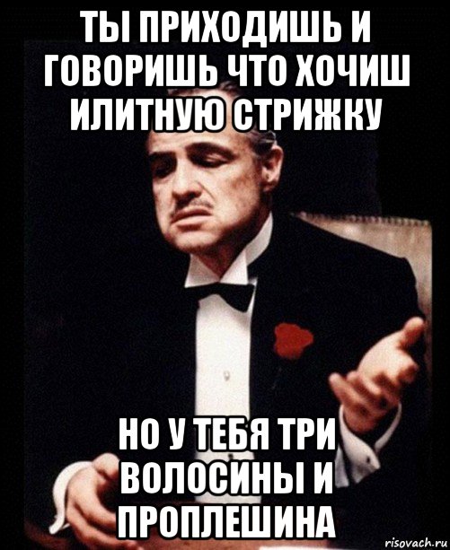 ты приходишь и говоришь что хочиш илитную стрижку но у тебя три волосины и проплешина, Мем ты делаешь это без уважения