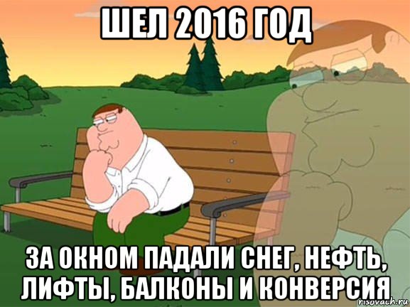 шел 2016 год за окном падали снег, нефть, лифты, балконы и конверсия, Мем Задумчивый Гриффин