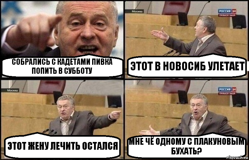 СОБРАЛИСЬ С КАДЕТАМИ ПИВКА ПОПИТЬ В СУББОТУ ЭТОТ В НОВОСИБ УЛЕТАЕТ ЭТОТ ЖЕНУ ЛЕЧИТЬ ОСТАЛСЯ МНЕ ЧЁ ОДНОМУ С ПЛАКУНОВЫМ БУХАТЬ?, Комикс Жириновский