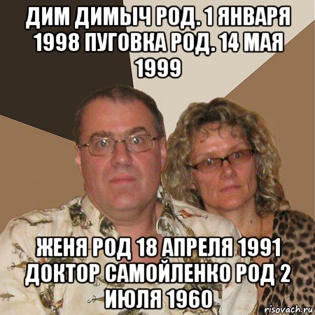 дим димыч род. 1 января 1998 пуговка род. 14 мая 1999 женя род 18 апреля 1991 доктор самойленко род 2 июля 1960, Мем  Злые родители