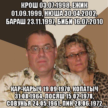 крош 03.07.1998, ежик 01.09.1999, нюша 30.04.2002, бараш 23.11.1997, биби 16.07.2010 кар-карыч 19.09.1970, копатыч 31.08.1964, лосяш 15.02.1978, совунья 24.05.1961, пин 28.06.1972, Мем  Злые родители