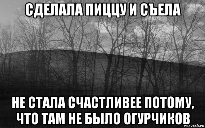 сделала пиццу и съела не стала счастливее потому, что там не было огурчиков, Мем безысходность лес