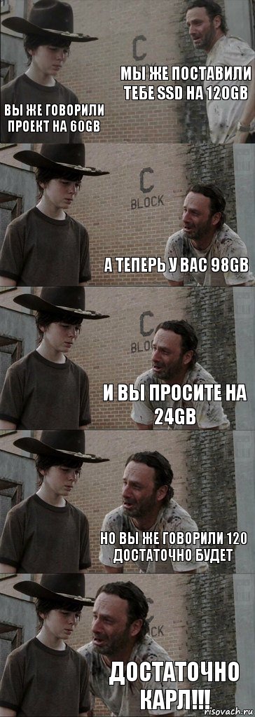 Мы же поставили тебе SSD на 120Gb Вы же говорили проект на 60gb А теперь у вас 98Gb и вы просите на 24Gb но вы же говорили 120 достаточно будет Достаточно Карл!!!, Комикс  Carl