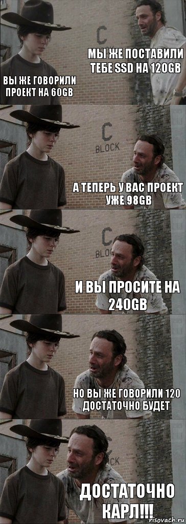 Мы же поставили тебе SSD на 120Gb Вы же говорили проект на 60gb А теперь у вас проект уже 98Gb и вы просите на 240Gb но вы же говорили 120 достаточно будет Достаточно Карл!!!, Комикс  Carl