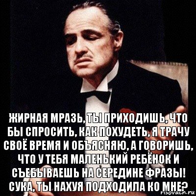 Жирная мразь, ты приходишь, что бы спросить, как похудеть, я трачу своё время и объясняю, а говоришь, что у тебя маленький ребёнок и съебываешь на середине фразы! Сука, ты нахуя подходила ко мне?, Комикс Дон Вито Корлеоне 1