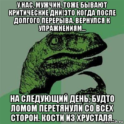 у нас, мужчин, тоже бывают критические дни!это когда после долгого перерыва, вернулся к упражнениям... на следующий день, будто ломом перетянули со всех сторон. кости из хрусталя., Мем Филосораптор