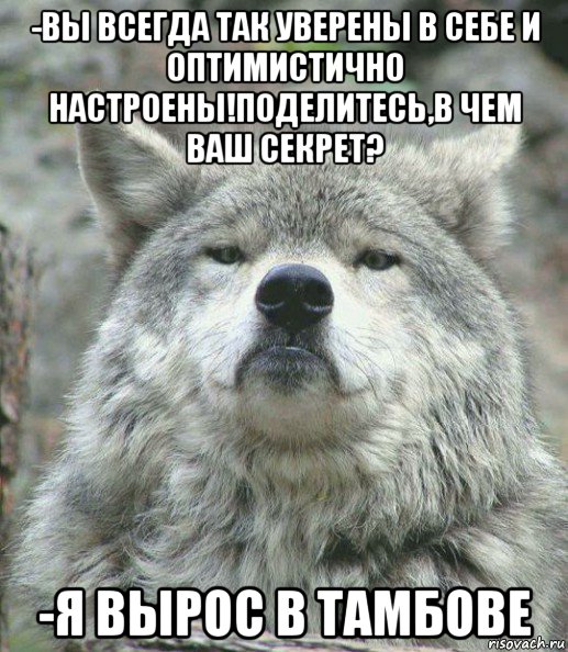 -вы всегда так уверены в себе и оптимистично настроены!поделитесь,в чем ваш секрет? -я вырос в тамбове, Мем    Гордый волк