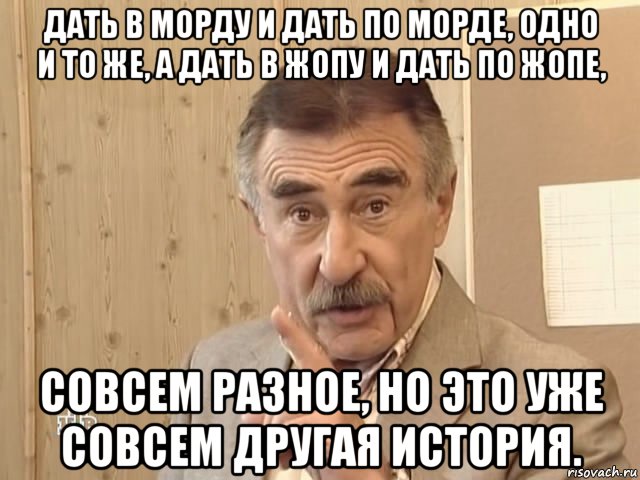 дать в морду и дать по морде, одно и то же, а дать в жопу и дать по жопе, совсем разное, но это уже совсем другая история., Мем Каневский (Но это уже совсем другая история)