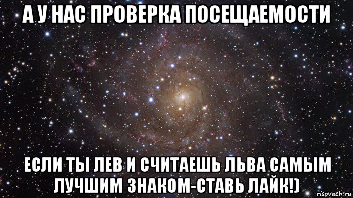 а у нас проверка посещаемости если ты лев и считаешь льва самым лучшим знаком-ставь лайк!), Мем  Космос (офигенно)