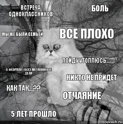 Встреча одноклассников Никто не придет Все плохо 5 лет прошло 6 февраля у всех мегаважные дела Боль Отчаяние Мы же были семьей Как так...?? Пойду утоплюсь..., Комикс  кот безысходность