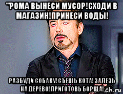 "рома вынеси мусор!сходи в магазин!принеси воды! разбуди собаку!съешь кота!залезь на дерево!приготовь борща!, Мем мое лицо когда