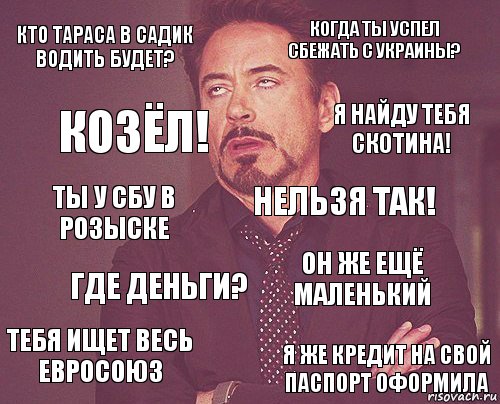 Кто Тараса в садик водить будет? Когда ты успел сбежать с Украины? Ты у СБУ в розыске Тебя ищет весь Евросоюз Он же ещё маленький Нельзя так! Где деньги? Я же кредит на свой паспорт оформила Козёл! Я найду тебя скотина!, Комикс мое лицо