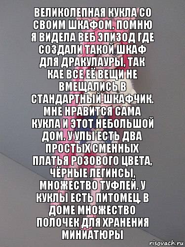 Великолепная кукла со своим шкафом. Помню я видела веб эпизод где создали такой шкаф для Дракулауры, так кае все её вещи не вмещались в стандартный шкафчик. Мне нравится сама кукла и этот небольшой дом. У Улы есть два простых сменных платья розового цвета, чёрные легинсы, множество туфлей. У куклы есть питомец. В доме множество полочек для хранения миниатюры