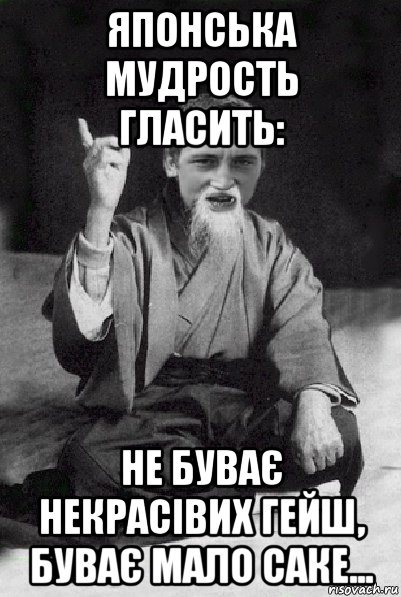 японська мудрость гласить: не буває некрасівих гейш, буває мало саке..., Мем Мудрий паца