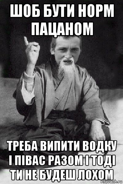 шоб бути норм пацаном треба випити водку і півас разом і тоді ти не будеш лохом, Мем Мудрий паца