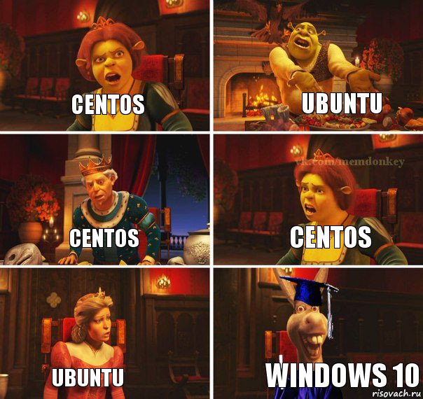 CentOS UBUNTU CENTOS CENTOS UBUNTU WINDOWS 10, Комикс  Осел из шрека студент