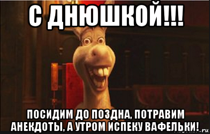 с днюшкой!!! посидим до поздна, потравим анекдоты, а утром испеку вафельки!, Мем Осел из Шрека