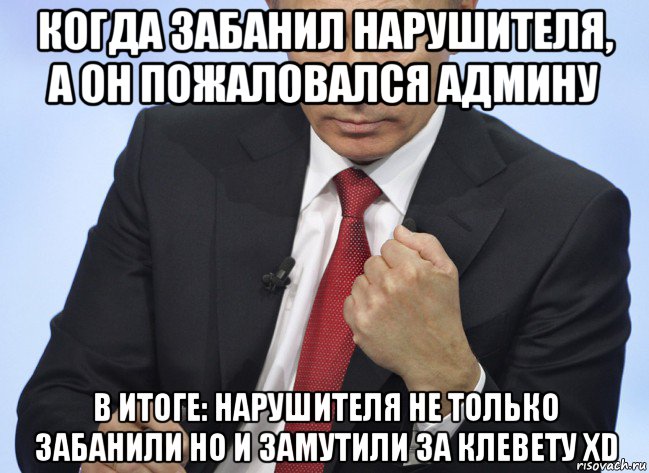 когда забанил нарушителя, a он пожаловался админу в итоге: нарушителя не только забанили но и замутили за клевету xd, Мем Путин показывает кулак