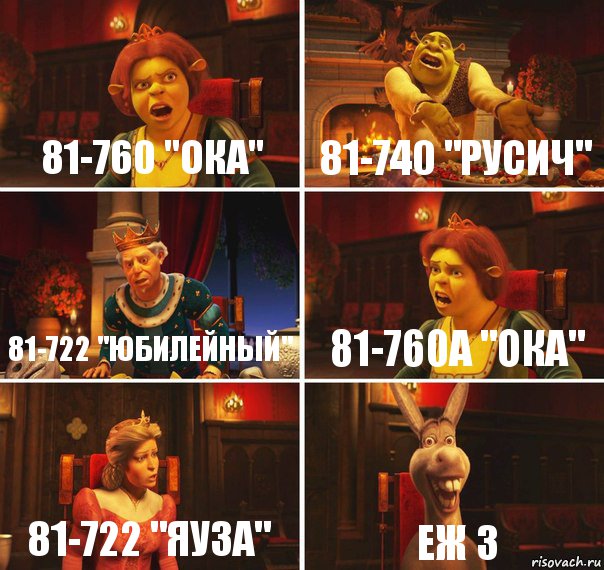 81-760 "Ока" 81-740 "Русич" 81-722 "Юбилейный" 81-760А "Ока" 81-722 "Яуза" Еж 3, Комикс  Шрек Фиона Гарольд Осел