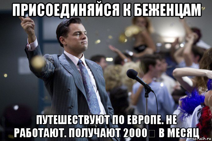 присоединяйся к беженцам путешествуют по европе. не работают. получают 2000€ в месяц, Мем  Волк с Уолтстрит