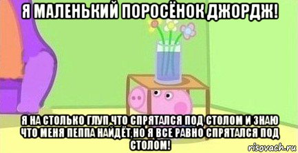 я маленький поросёнок джордж! я на столько глуп что спрятался под столом и знаю что меня пеппа найдёт,но я все равно спрятался под столом!, Мем  Свинка пеппа под столом