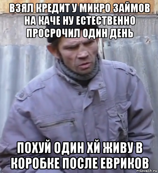 взял кредит у микро займов на каче ну естественно просрочил один день похуй один хй живу в коробке после евриков, Мем  Ты втираешь мне какую то дичь