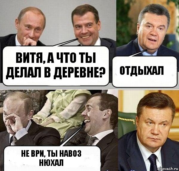 Витя, а что ты делал в деревне? отдыхал Не ври, ты навоз нюхал, Комикс  Разговор Януковича с Путиным и Медведевым