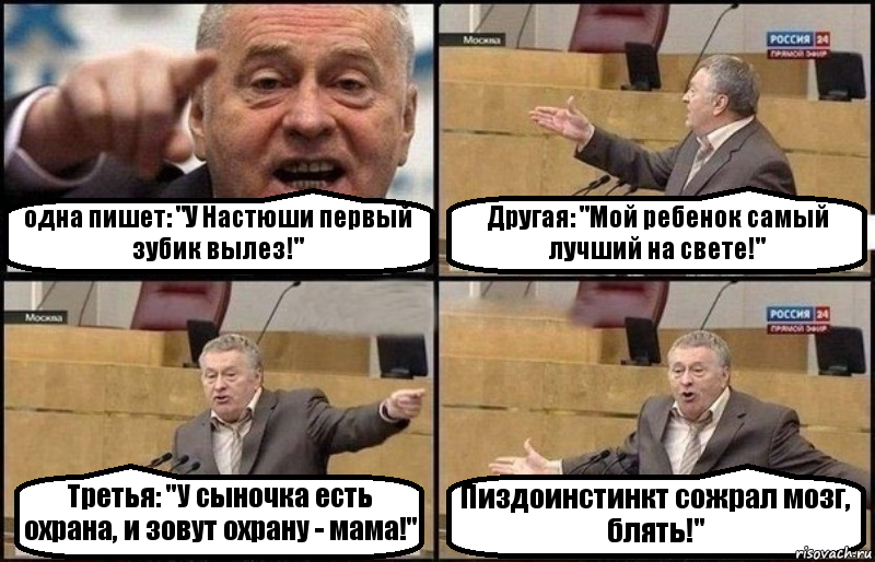 одна пишет: "У Настюши первый зубик вылез!" Другая: "Мой ребенок самый лучший на свете!" Третья: "У сыночка есть охрана, и зовут охрану - мама!" Пиздоинстинкт сожрал мозг, блять!", Комикс Жириновский