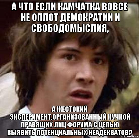 а что если камчатка вовсе не оплот демократии и свободомыслия, а жестокий эксперимент,организованный кучкой правящих лиц форума с целью выявить потенциальных неадекватов?, Мем А что если (Киану Ривз)