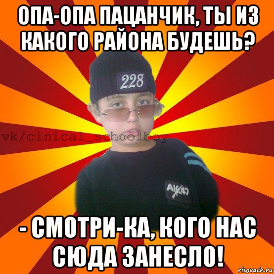 опа-опа пацанчик, ты из какого района будешь? - смотри-ка, кого нас сюда занесло!, Мем  ЦИНИЧНЫЙ ШКОЛЬНИК