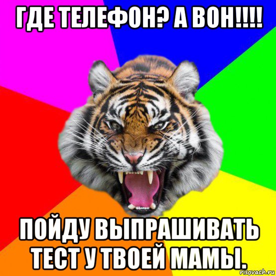 где телефон? а вон!!!! пойду выпрашивать тест у твоей мамы., Мем  ДЕРЗКИЙ ТИГР