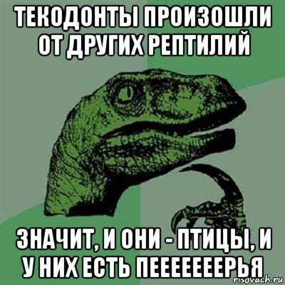 текодонты произошли от других рептилий значит, и они - птицы, и у них есть пееееееерья, Мем Филосораптор