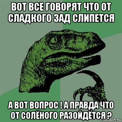 вот все говорят что от сладкого зад слипется а вот вопрос ! а правда что от солёного разойдётся ?, Мем Филосораптор