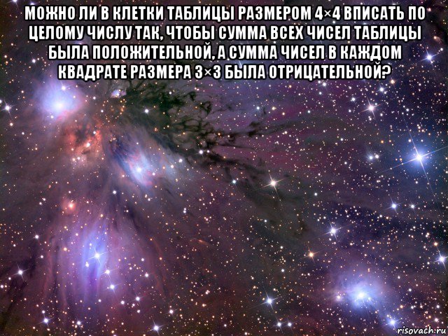 можно ли в клетки таблицы размером 4×4 вписать по целому числу так, чтобы сумма всех чисел таблицы была положительной, а сумма чисел в каждом квадрате размера 3×3 была отрицательной? , Мем Космос