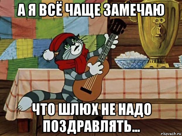 а я всё чаще замечаю что шлюх не надо поздравлять..., Мем Кот Матроскин с гитарой